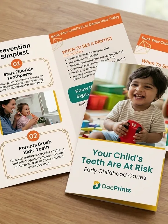 Early Childhood Caries tri-fold pamphlet for parents, open on a table, with tooth brushing tips for young children