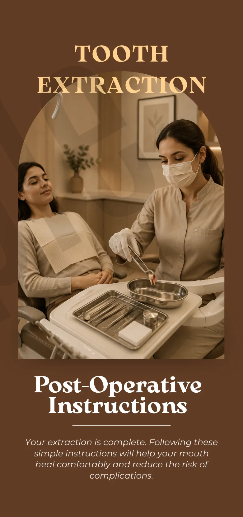 Post-Extraction Instructions pamphlet cover, showing a dentist treating a patient