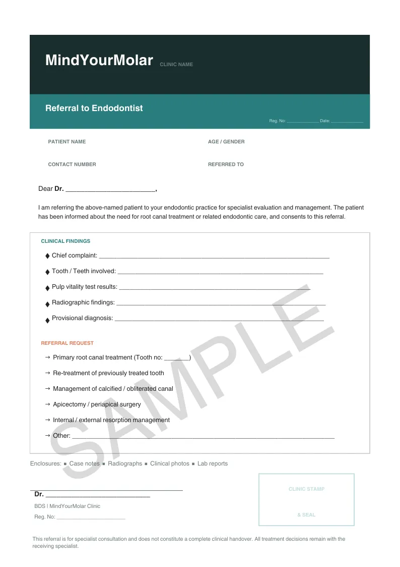 Endodontist referral sheet sample