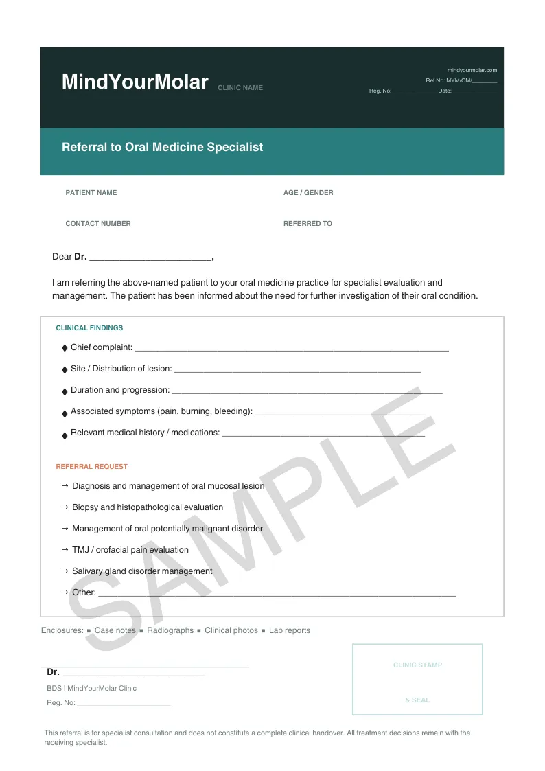Oral Medicine Specialist referral sheet sample