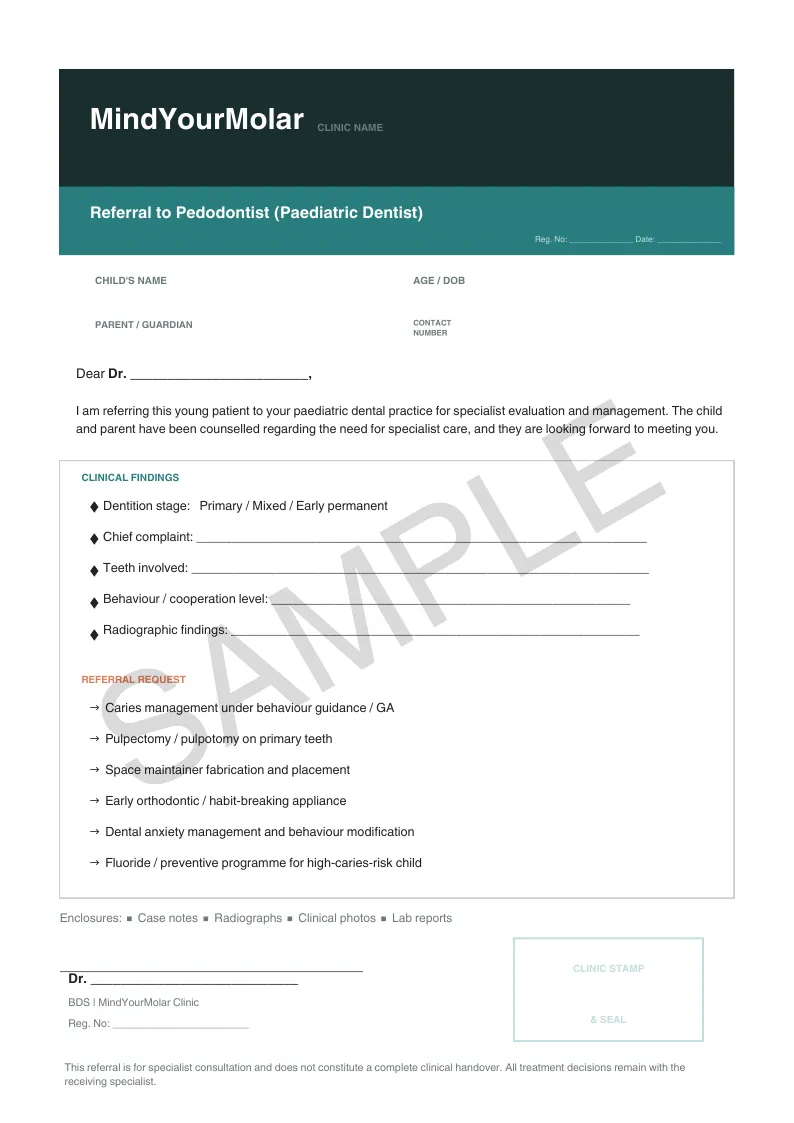 Pedodontist (Paediatric Dentist) referral sheet sample