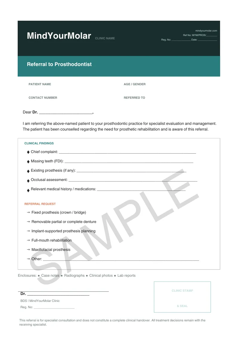 Prosthodontist referral sheet sample